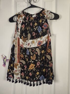 Style & Co. Petite Small Floral Patchwork Tassel Boho Tank Top Blouse